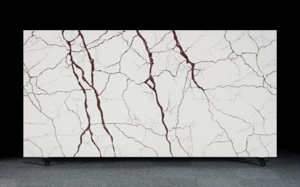 White Quartz Countertop with Bold Maroon Veining