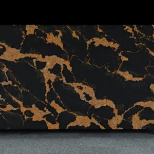 Black Quartz Countertop with Bold Orange Veining