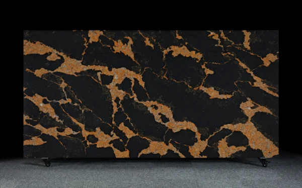 Black Quartz Countertop with Bold Orange Veining